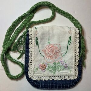 Handmade Upcycled Denim Crossbody Purse, Embroidered, Lined